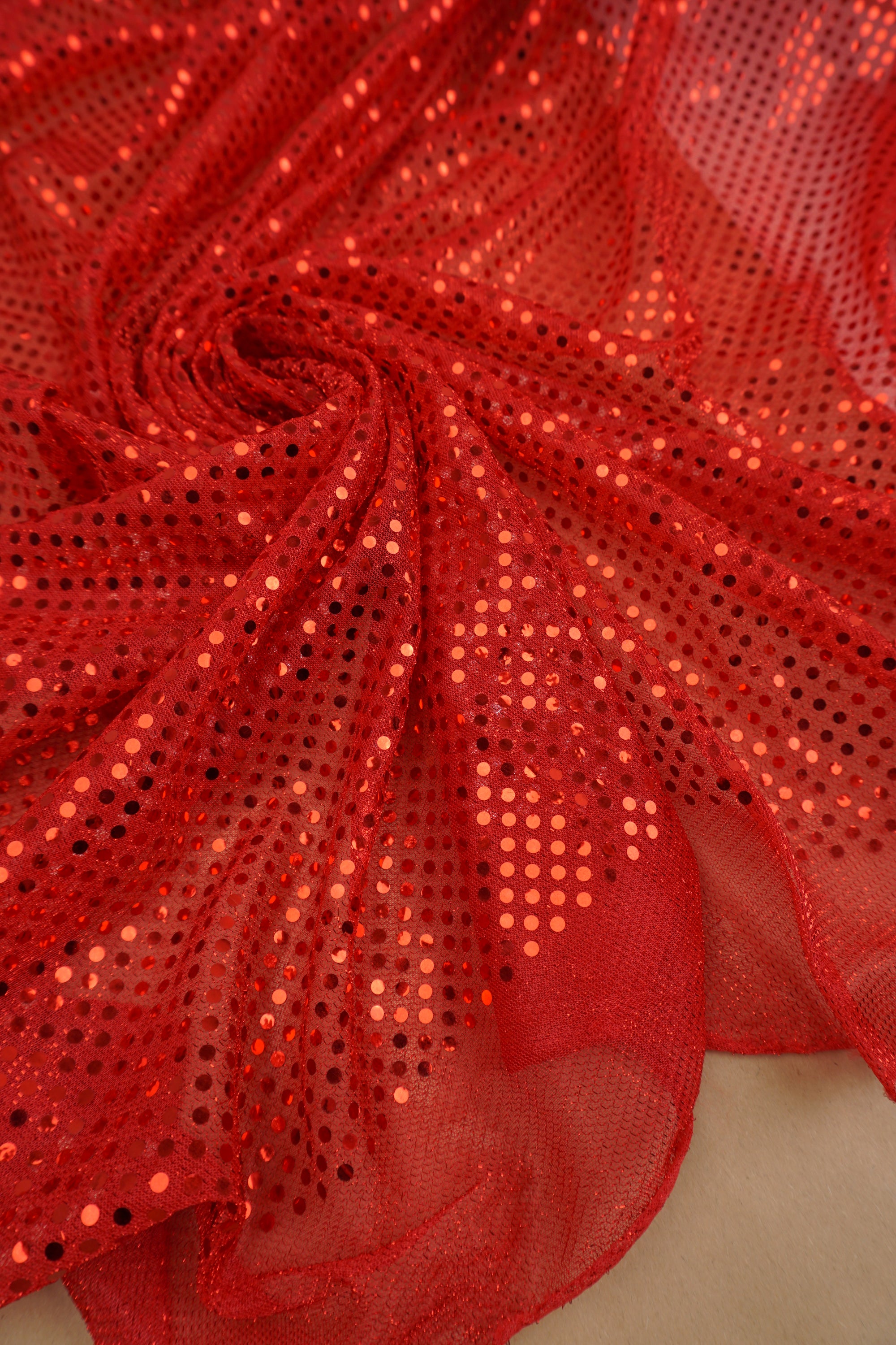 Red 3mm Confetti Dot Sequin Fabric | Metallic Mesh Sparkle | By the Yard
