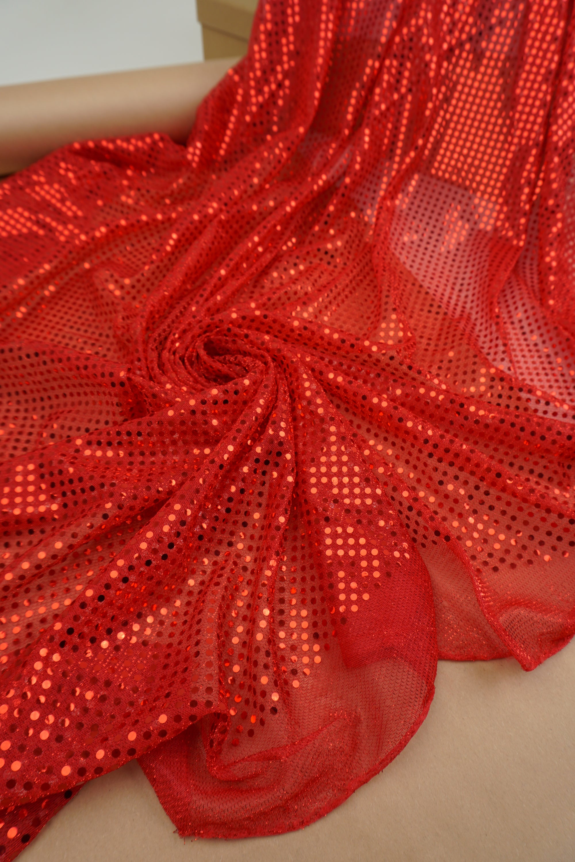 Red 3mm Confetti Dot Sequin Fabric | Metallic Mesh Sparkle | By the Yard