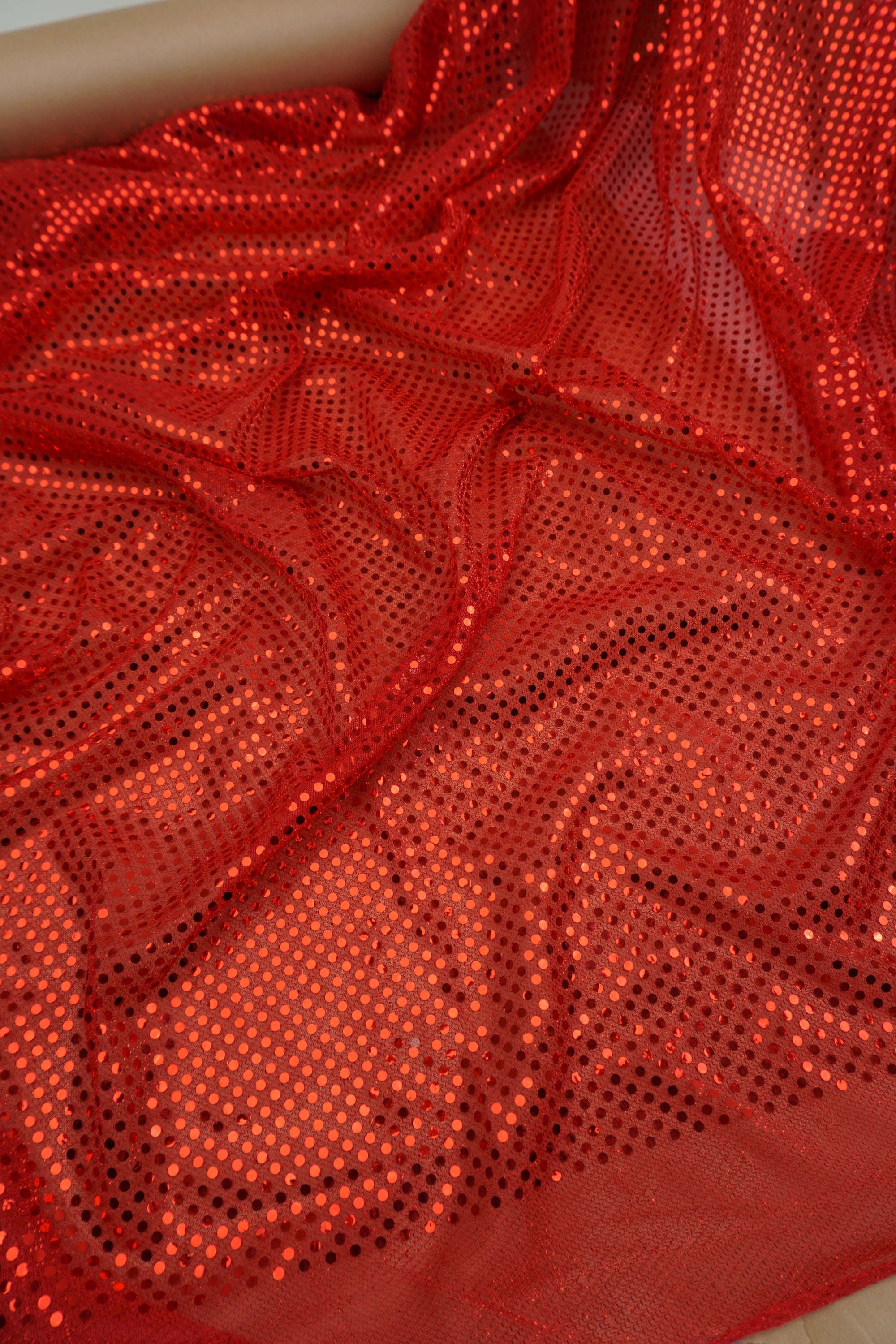 Red 3mm Confetti Dot Sequin Fabric | Metallic Mesh Sparkle | By the Yard