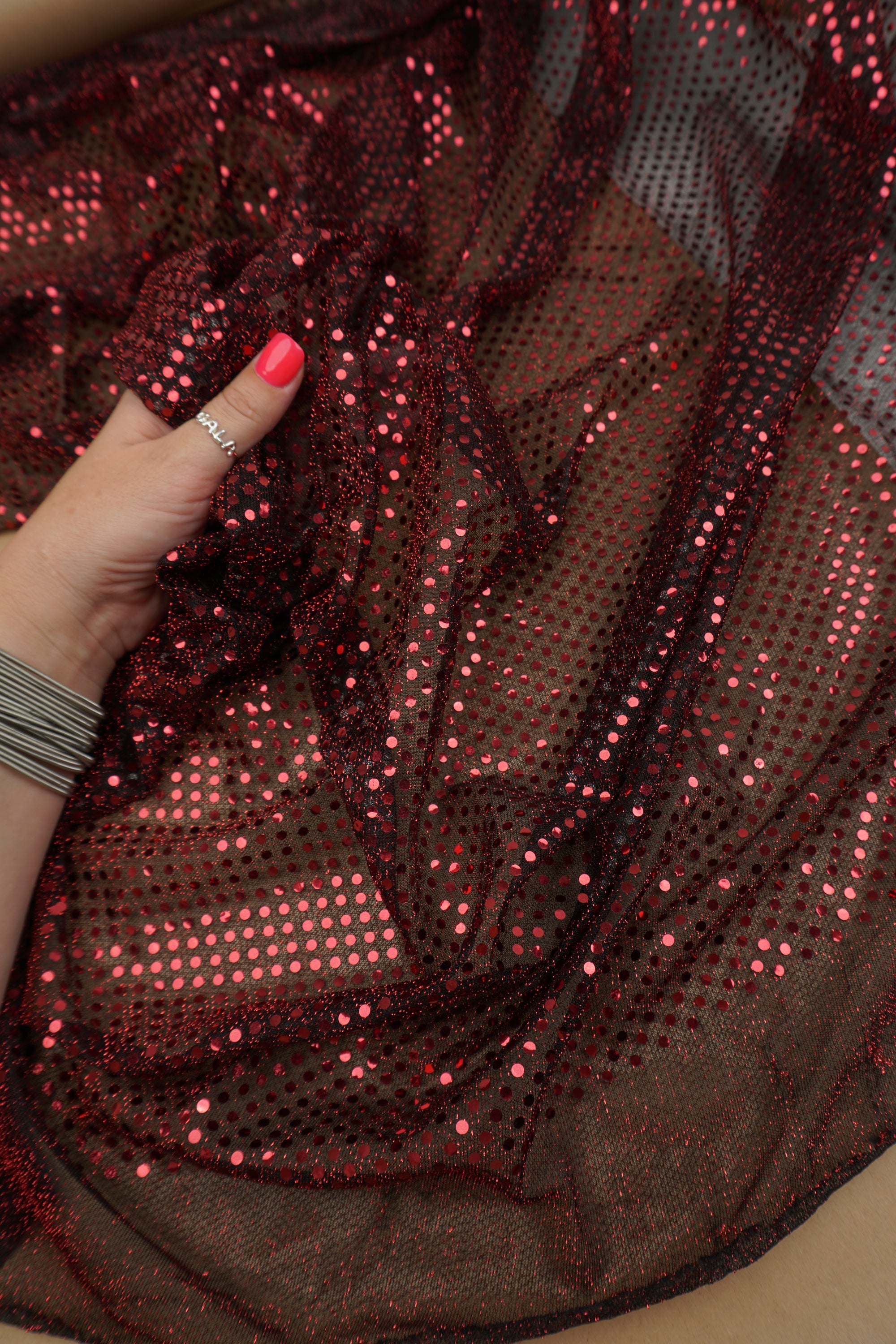 Cranberry Black 3mm Confetti Dot Sequin Fabric | Metallic Mesh Sparkle | By the Yard