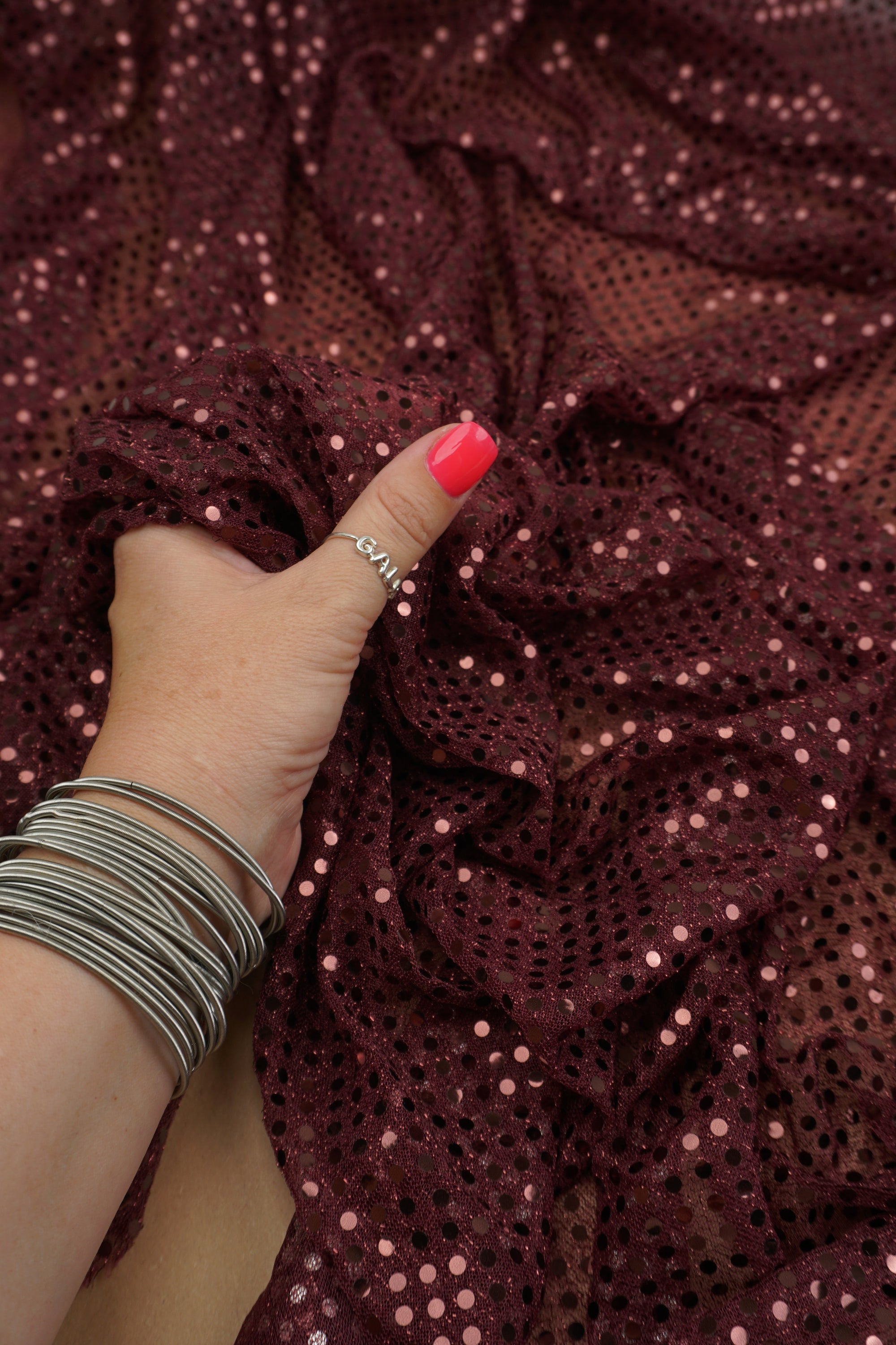 Burgundy 3mm Confetti Dot Sequin Fabric | Metallic Mesh Sparkle | By the Yard