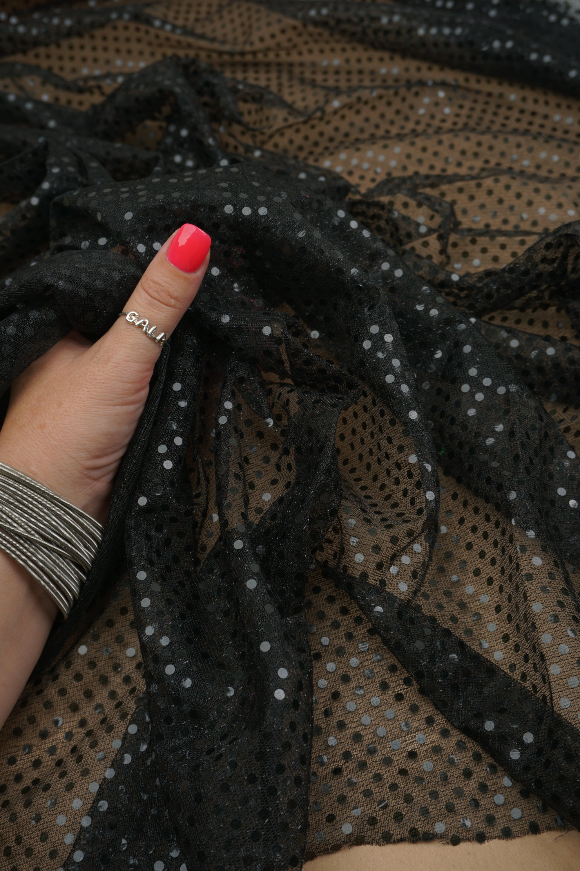 Black Sequin Fabric by the Yard | 3mm Confetti Dot Metallic Mesh