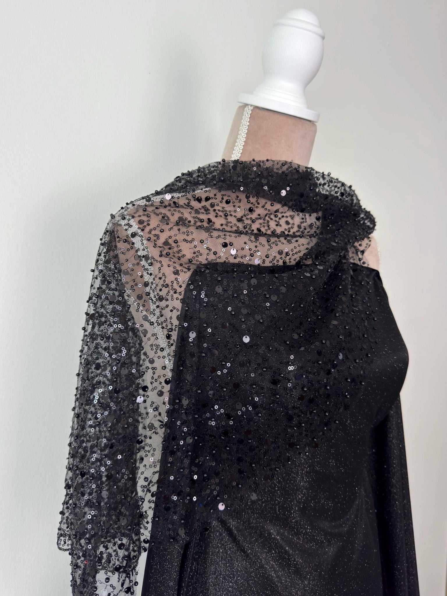 Black Beaded Lace Fabric by Yard, Luxury Shimmer Mesh with Pearls &amp; Sequins for Bridal Gowns, Wedding Dresses, Veils, Event Decor, Crafts - from Gala Textile