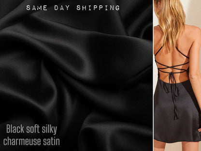 Black Soft Silky Stretch Charmeuse Satin Elegant, Versatile, Luxurious Perfect for Apparel, Accessories and Home Decor Order by the Yard - from Gala Textile