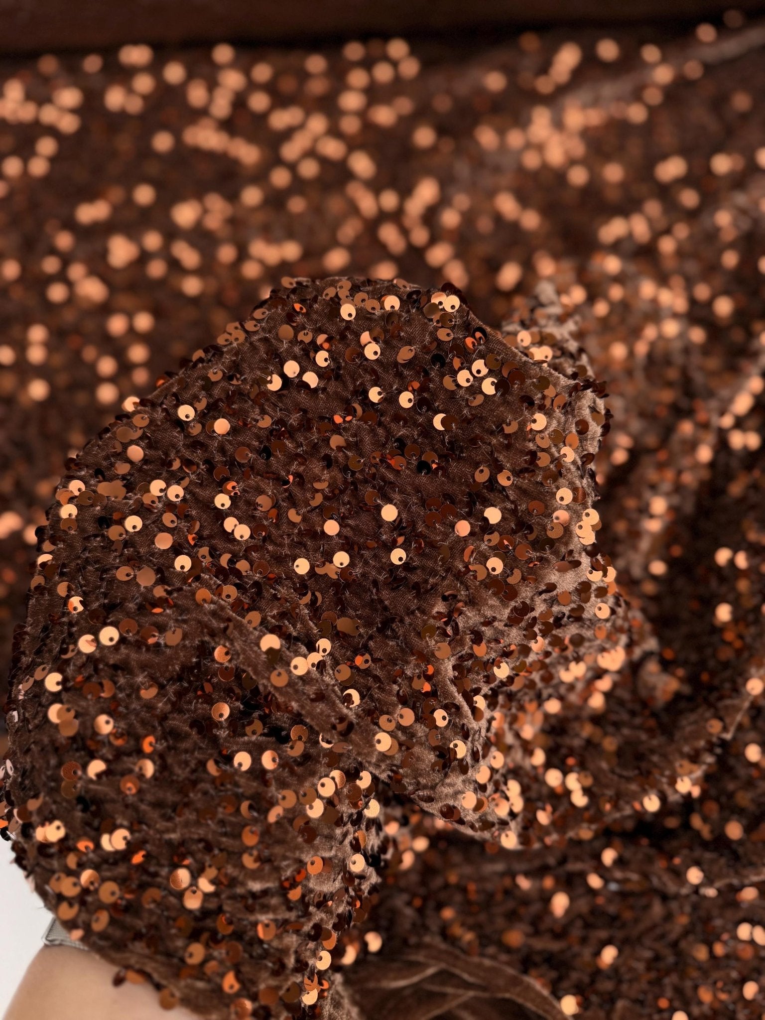 Brown Sequins on Stretch Brown Velvet Fabric, Luxury Brown Sequined Fabric by yard for Wedding Dresses Gowns, Bows Holiday Crafting Material - from Gala Textile