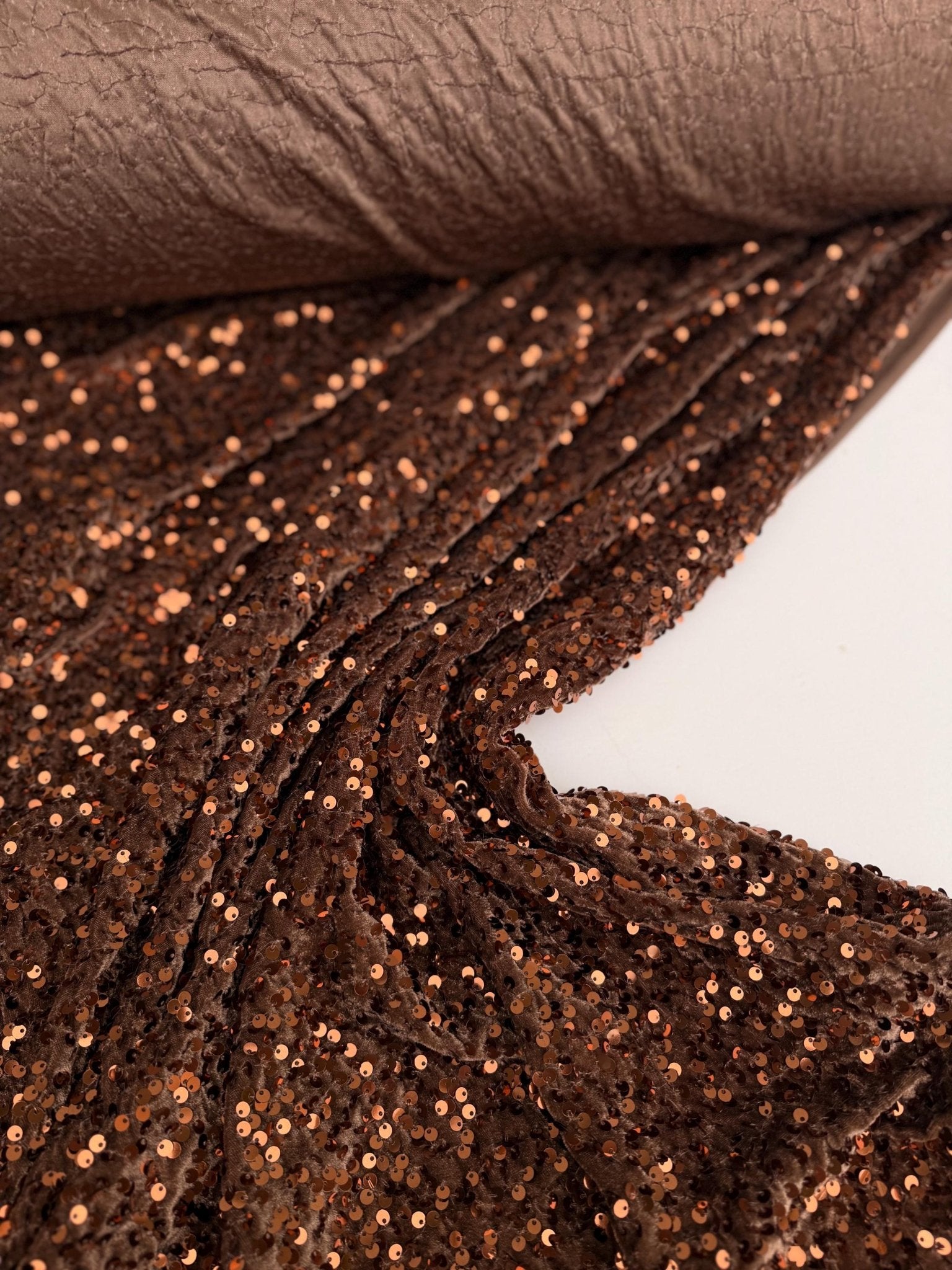 Brown Sequins on Stretch Brown Velvet Fabric, Luxury Brown Sequined Fabric by yard for Wedding Dresses Gowns, Bows Holiday Crafting Material - from Gala Textile