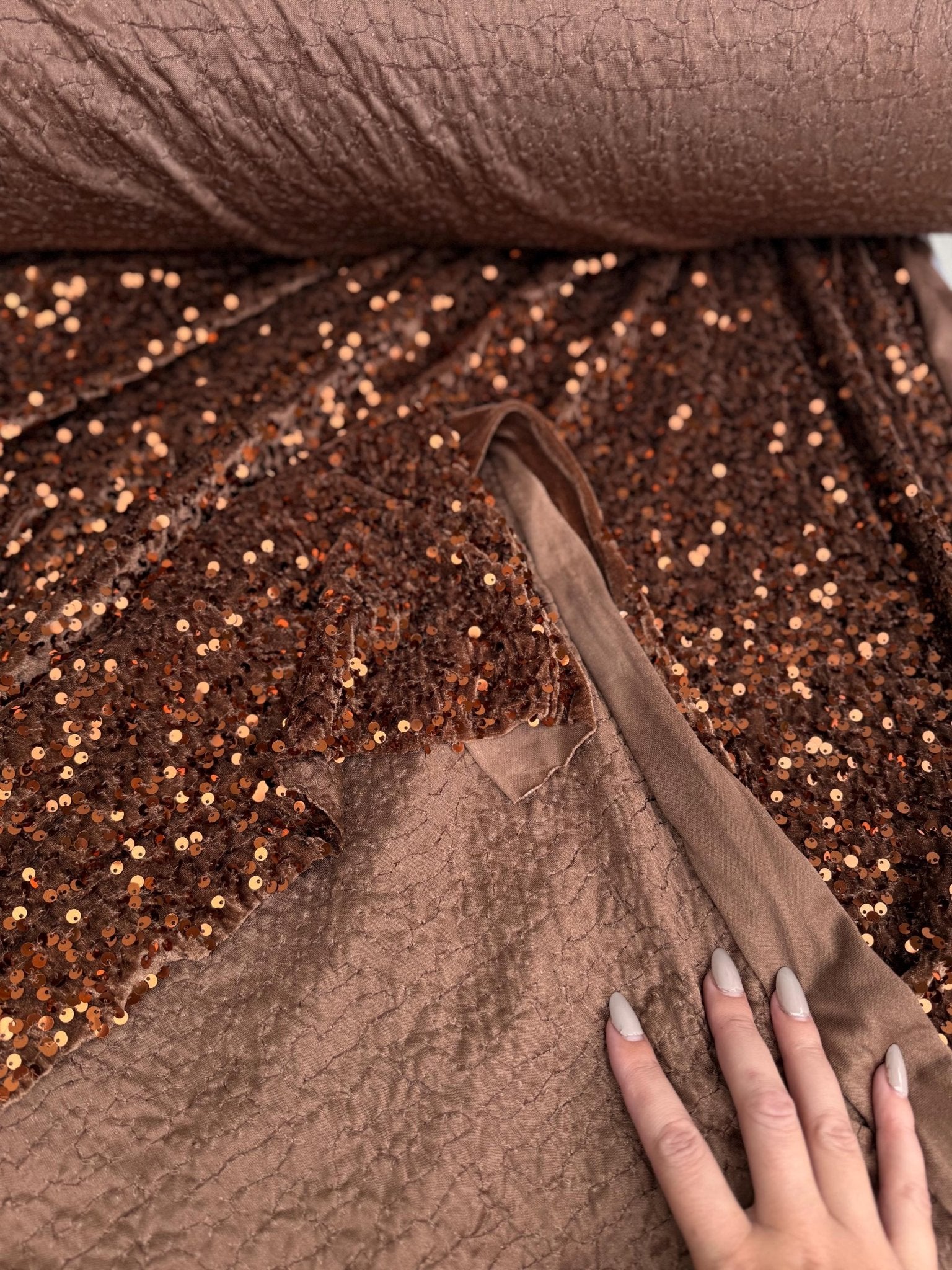 Brown Sequins on Stretch Brown Velvet Fabric, Luxury Brown Sequined Fabric by yard for Wedding Dresses Gowns, Bows Holiday Crafting Material - from Gala Textile