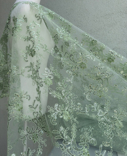 Floral Sage Green Lace Fabric by yard Embroidery Corded With Sequins Fabric Non Stretch Sequined Embroidered On Lace Bridal Wedding Gowns - from Gala Textile