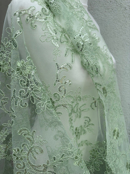 Floral Sage Green Lace Fabric by yard Embroidery Corded With Sequins Fabric Non Stretch Sequined Embroidered On Lace Bridal Wedding Gowns - from Gala Textile