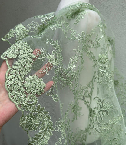 Floral Sage Green Lace Fabric by yard Embroidery Corded With Sequins Fabric Non Stretch Sequined Embroidered On Lace Bridal Wedding Gowns - from Gala Textile