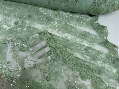 Floral Sage Green Lace Fabric by yard Embroidery Corded With Sequins Fabric Non Stretch Sequined Embroidered On Lace Bridal Wedding Gowns - from Gala Textile