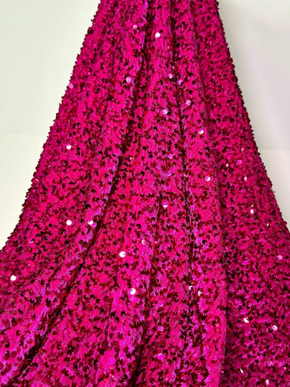 Fuchsia Sequin on Velvet Fabric by Yard, Luxurious Stretch Velvet with Sparkling Magneta Sequins, for Dresses Gowns and Event Wedding Decor - from Gala Textile