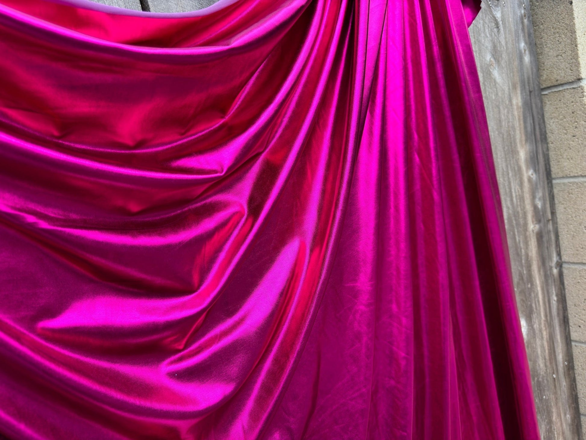 Fuchsia Spandex Lame Foil Fabric Stretch Pink Metallic Material, All Over Foil on Stretch Knit, for Dance Wear, Costumes, Dresses, Leggings - from Gala Textile