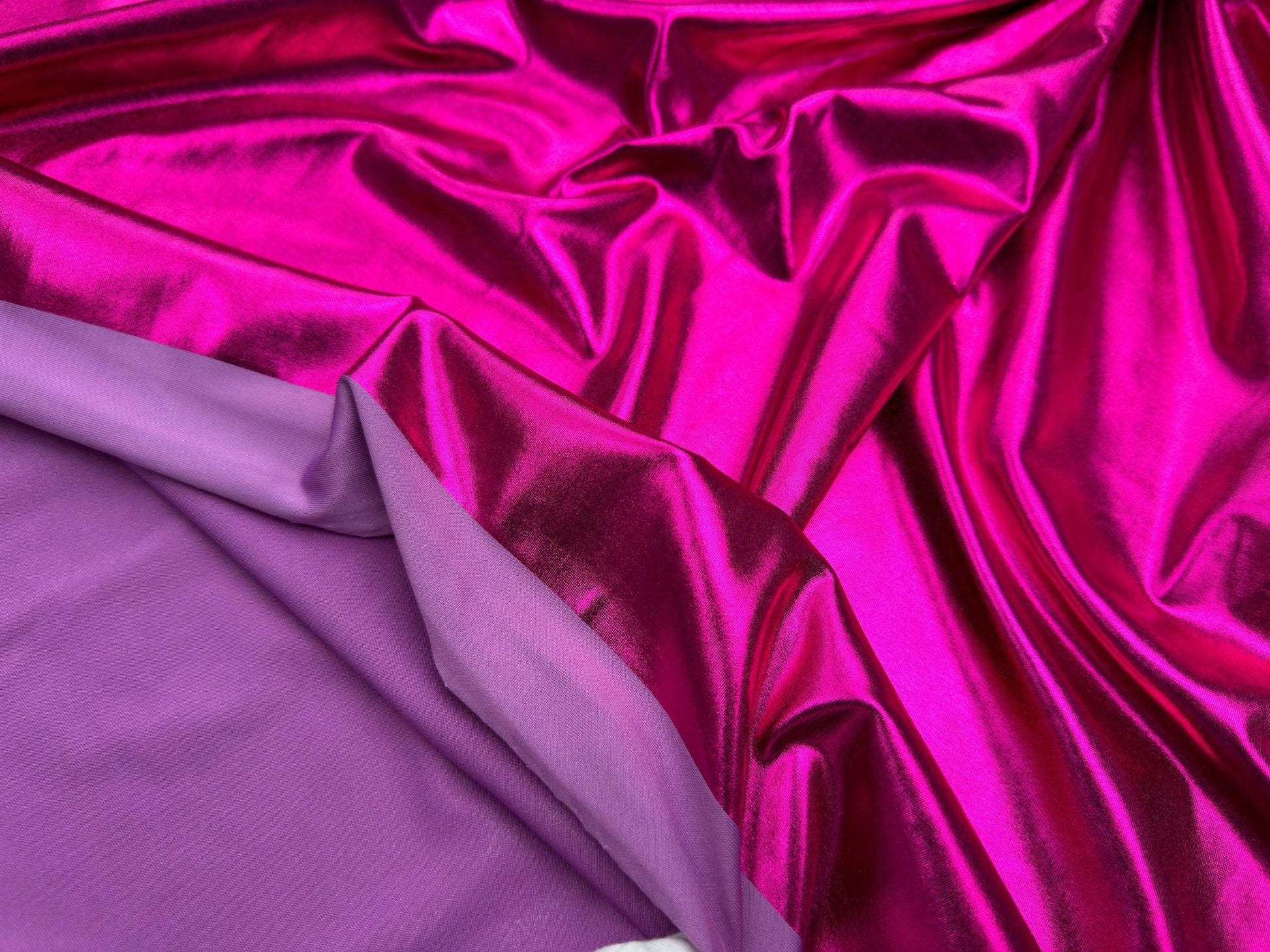 Fuchsia Spandex Lame Foil Fabric Stretch Pink Metallic Material, All Over Foil on Stretch Knit, for Dance Wear, Costumes, Dresses, Leggings - from Gala Textile