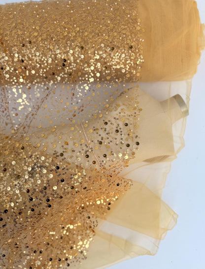 Gold Beaded Lace Fabric by Yard, Embroidered with Pearls & Sequins Mesh Sequin on Sheer Mesh Bridal Dresses, Gowns, Veils, Table Decor - from Gala Textile