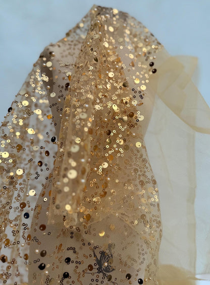 Gold Beaded Lace Fabric by Yard, Embroidered with Pearls & Sequins Mesh Sequin on Sheer Mesh Bridal Dresses, Gowns, Veils, Table Decor - from Gala Textile