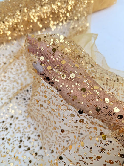 Gold Beaded Lace Fabric by Yard, Embroidered with Pearls & Sequins Mesh Sequin on Sheer Mesh Bridal Dresses, Gowns, Veils, Table Decor - from Gala Textile