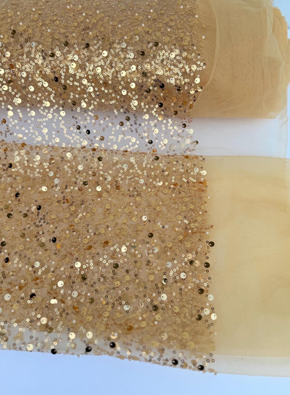 Gold Beaded Lace Fabric by Yard, Embroidered with Pearls & Sequins Mesh Sequin on Sheer Mesh Bridal Dresses, Gowns, Veils, Table Decor - from Gala Textile