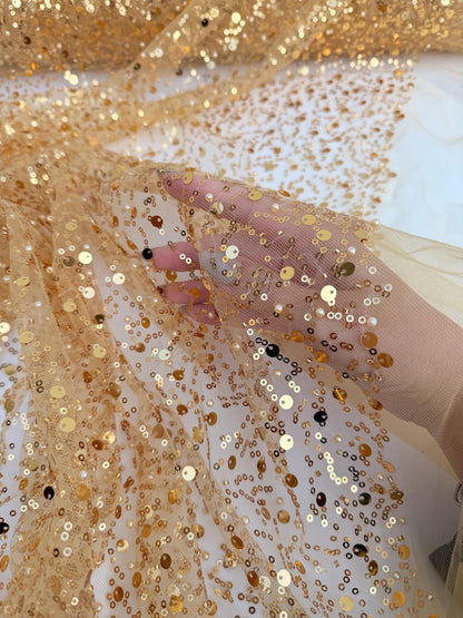 Gold Beaded Lace Fabric by Yard, Embroidered with Pearls & Sequins Mesh Sequin on Sheer Mesh Bridal Dresses, Gowns, Veils, Table Decor - from Gala Textile