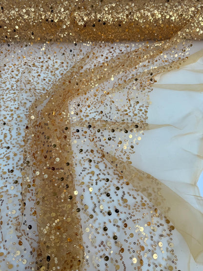 Gold Beaded Lace Fabric by Yard, Embroidered with Pearls & Sequins Mesh Sequin on Sheer Mesh Bridal Dresses, Gowns, Veils, Table Decor - from Gala Textile