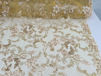 Gold Mesh Lace Fabric Embroidery Corded Lace Sequined Fabric by yard Non Stretch, Yellow Floral Lace for Girls Dresses, Bows, Wedding Dress, - from Gala Textile