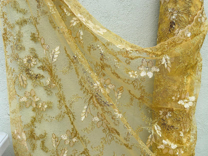 Gold Mesh Lace Fabric Embroidery Corded Lace Sequined Fabric by yard Non Stretch, Yellow Floral Lace for Girls Dresses, Bows, Wedding Dress, - from Gala Textile