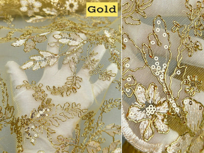 Gold Mesh Lace Fabric Embroidery Corded Lace Sequined Fabric by yard Non Stretch, Yellow Floral Lace for Girls Dresses, Bows, Wedding Dress, - from Gala Textile