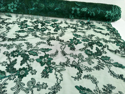 Hunter Green Floral Lace Fabric by yard Embroidery Corded With Sequins Fabric Non Stretch Green Sequined Embroidered On Lace Bridal Gowns - from Gala Textile