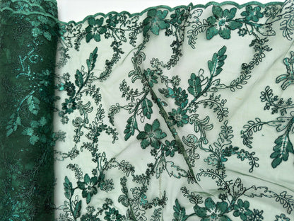 Hunter Green Floral Lace Fabric by yard Embroidery Corded With Sequins Fabric Non Stretch Green Sequined Embroidered On Lace Bridal Gowns - from Gala Textile