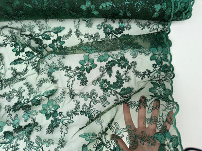 Hunter Green Floral Lace Fabric by yard Embroidery Corded With Sequins Fabric Non Stretch Green Sequined Embroidered On Lace Bridal Gowns - from Gala Textile