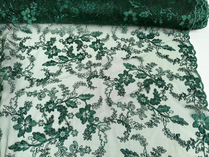 Hunter Green Floral Lace Fabric by yard Embroidery Corded With Sequins Fabric Non Stretch Green Sequined Embroidered On Lace Bridal Gowns - from Gala Textile