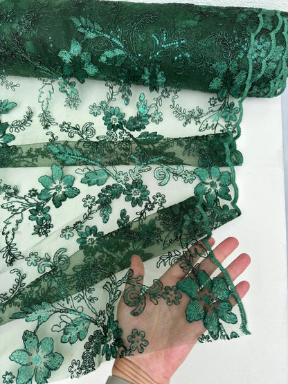 Hunter Green Floral Lace Fabric by yard Embroidery Corded With Sequins Fabric Non Stretch Green Sequined Embroidered On Lace Bridal Gowns - from Gala Textile