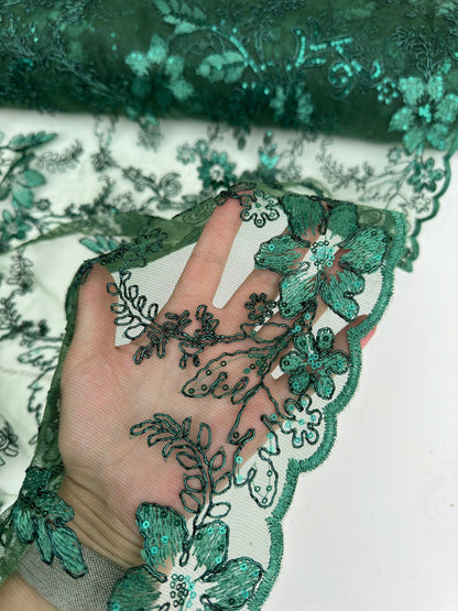 Hunter Green Floral Lace Fabric by yard Embroidery Corded With Sequins Fabric Non Stretch Green Sequined Embroidered On Lace Bridal Gowns - from Gala Textile