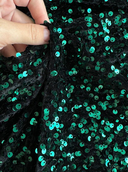 Hunter Green Sequins on Black Stretch Velvet Fabric, Green Sequin Fabric by yard for Dresses Gowns, Bows, Premium Quality Lowest Price - from Gala Textile