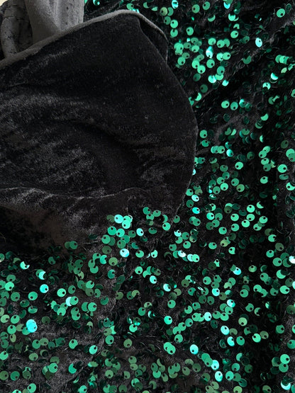 Hunter Green Sequins on Black Stretch Velvet Fabric, Green Sequin Fabric by yard for Dresses Gowns, Bows, Premium Quality Lowest Price - from Gala Textile