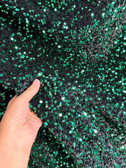 Hunter Green Sequins on Black Stretch Velvet Fabric, Green Sequin Fabric by yard for Dresses Gowns, Bows, Premium Quality Lowest Price - from Gala Textile