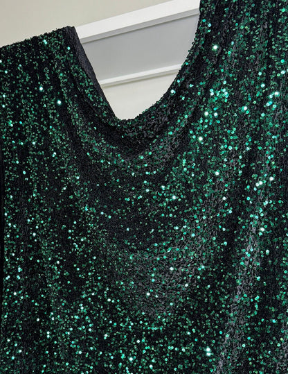 Hunter Green Sequins on Black Stretch Velvet Fabric, Green Sequin Fabric by yard for Dresses Gowns, Bows, Premium Quality Lowest Price - from Gala Textile