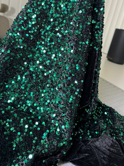 Hunter Green Sequins on Black Stretch Velvet Fabric, Green Sequin Fabric by yard for Dresses Gowns, Bows, Premium Quality Lowest Price - from Gala Textile