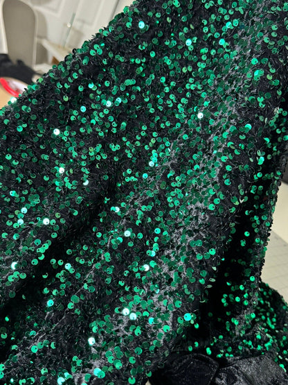 Hunter Green Sequins on Black Stretch Velvet Fabric, Green Sequin Fabric by yard for Dresses Gowns, Bows, Premium Quality Lowest Price - from Gala Textile