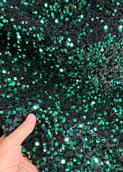 Hunter green sequins on black velvet - from Gala Textile