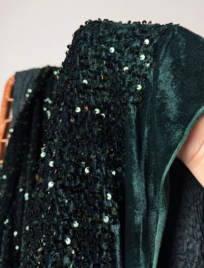 Hunter Green Sequins on Green Stretch Velvet Fabric, Luxury Sequins Fabric by yard for Dresses Gowns, Bows, DYI Premium Quality Lowest Price - from Gala Textile