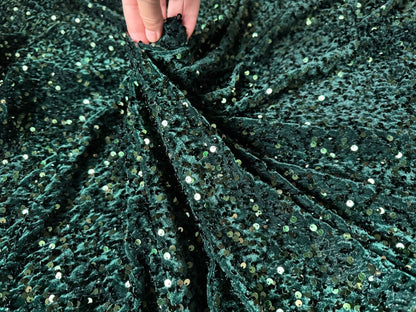 Hunter Green Sequins on Green Stretch Velvet Fabric, Luxury Sequins Fabric by yard for Dresses Gowns, Bows, DYI Premium Quality Lowest Price - from Gala Textile