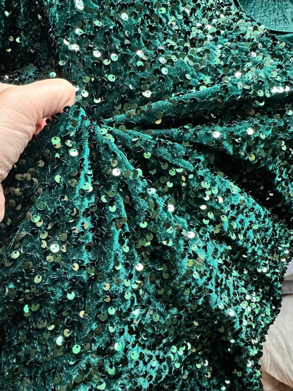 Hunter Green Sequins on Green Stretch Velvet Fabric, Luxury Sequins Fabric by yard for Dresses Gowns, Bows, DYI Premium Quality Lowest Price - from Gala Textile