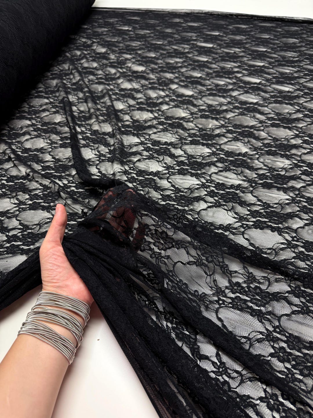 Black floral stretch lace fabric by the yard, 4-way stretch nylon spandex, 58-60 inches wide