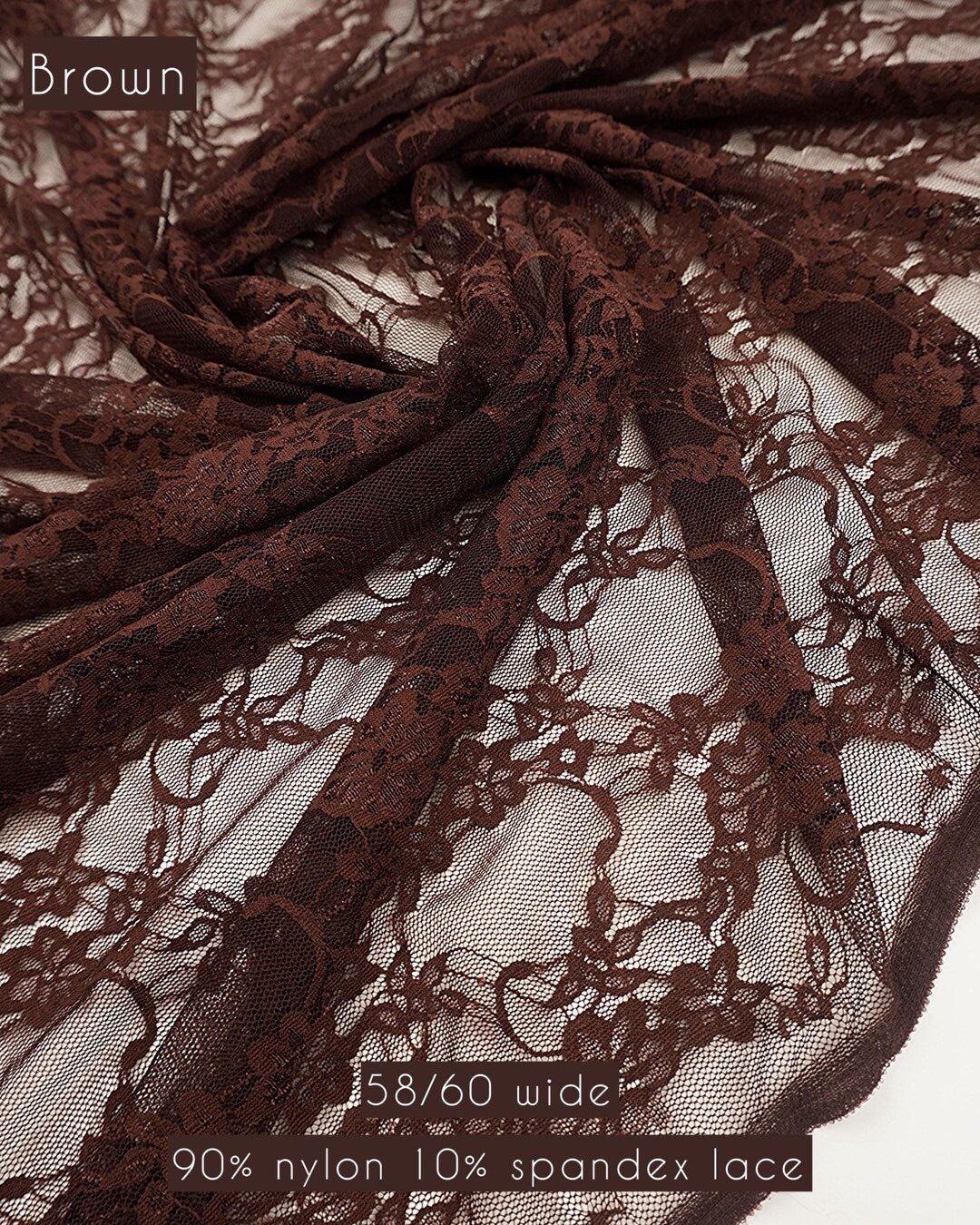 Brown floral stretch lace fabric by the yard, 4-way stretch vintage style nylon spandex