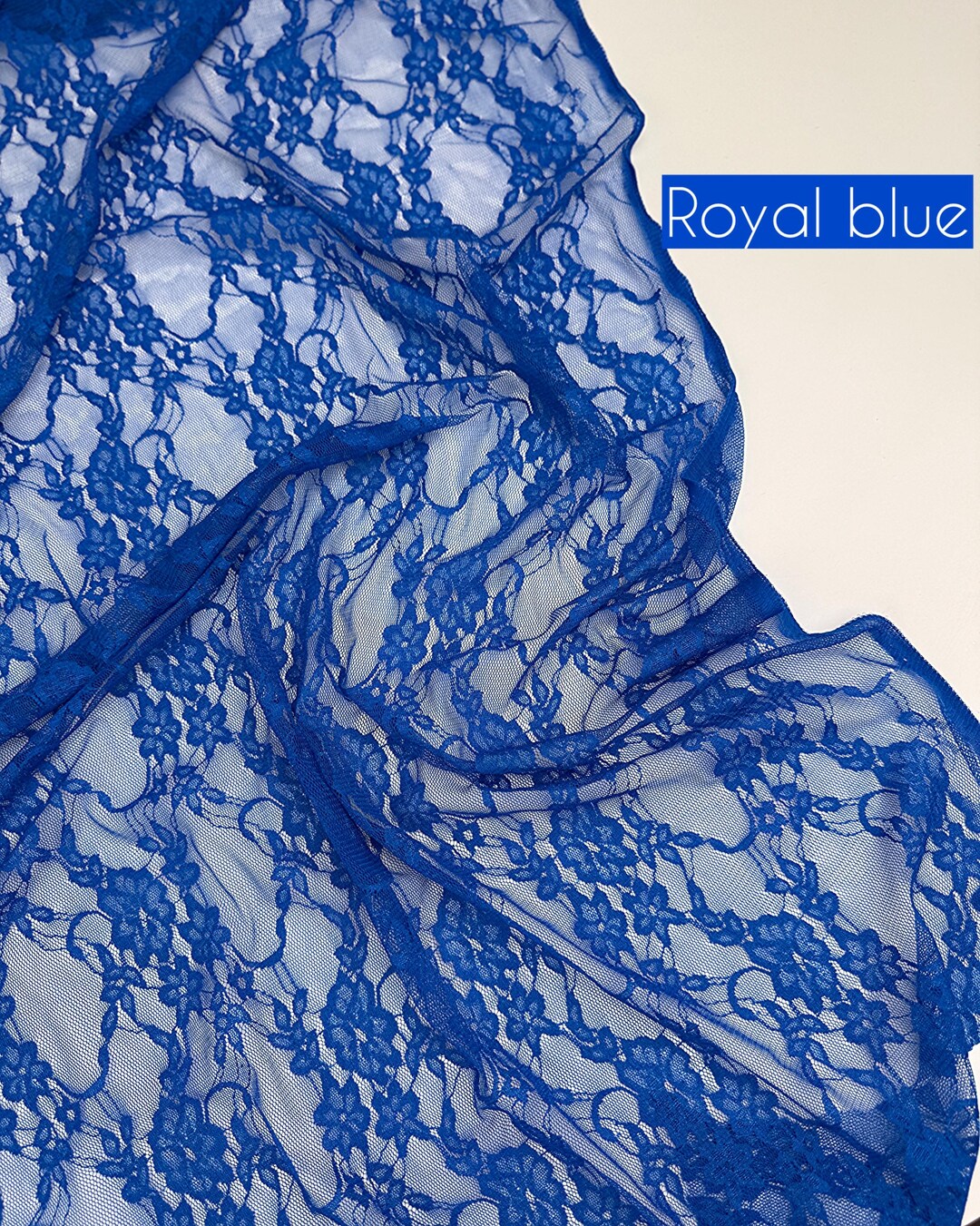 Royal blue floral stretch lace fabric by the yard, 4-way stretch vintage style nylon spandex