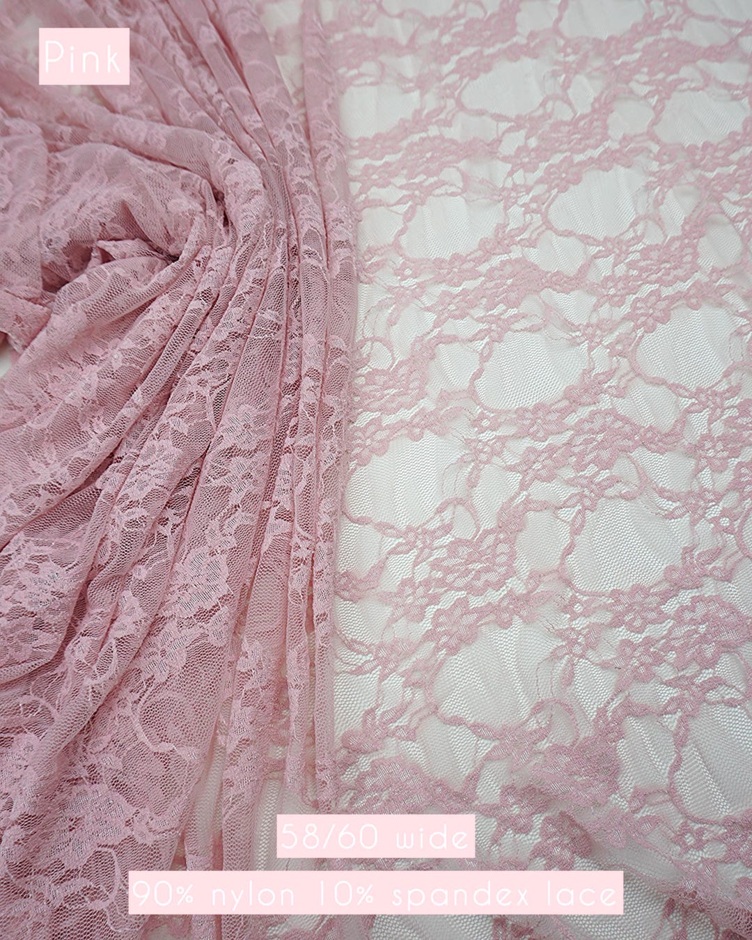 Dusty pink floral stretch lace fabric by the yard, 4-way stretch vintage style nylon spandex