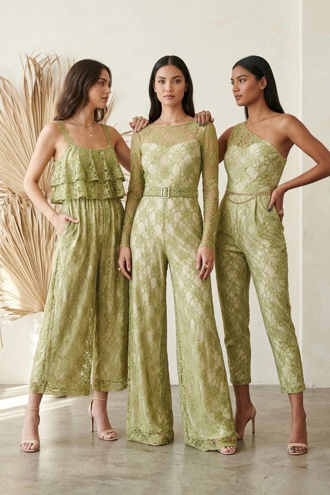 Women wearing green lace jumpsuits showing versatility of moss green stretch lace fabric