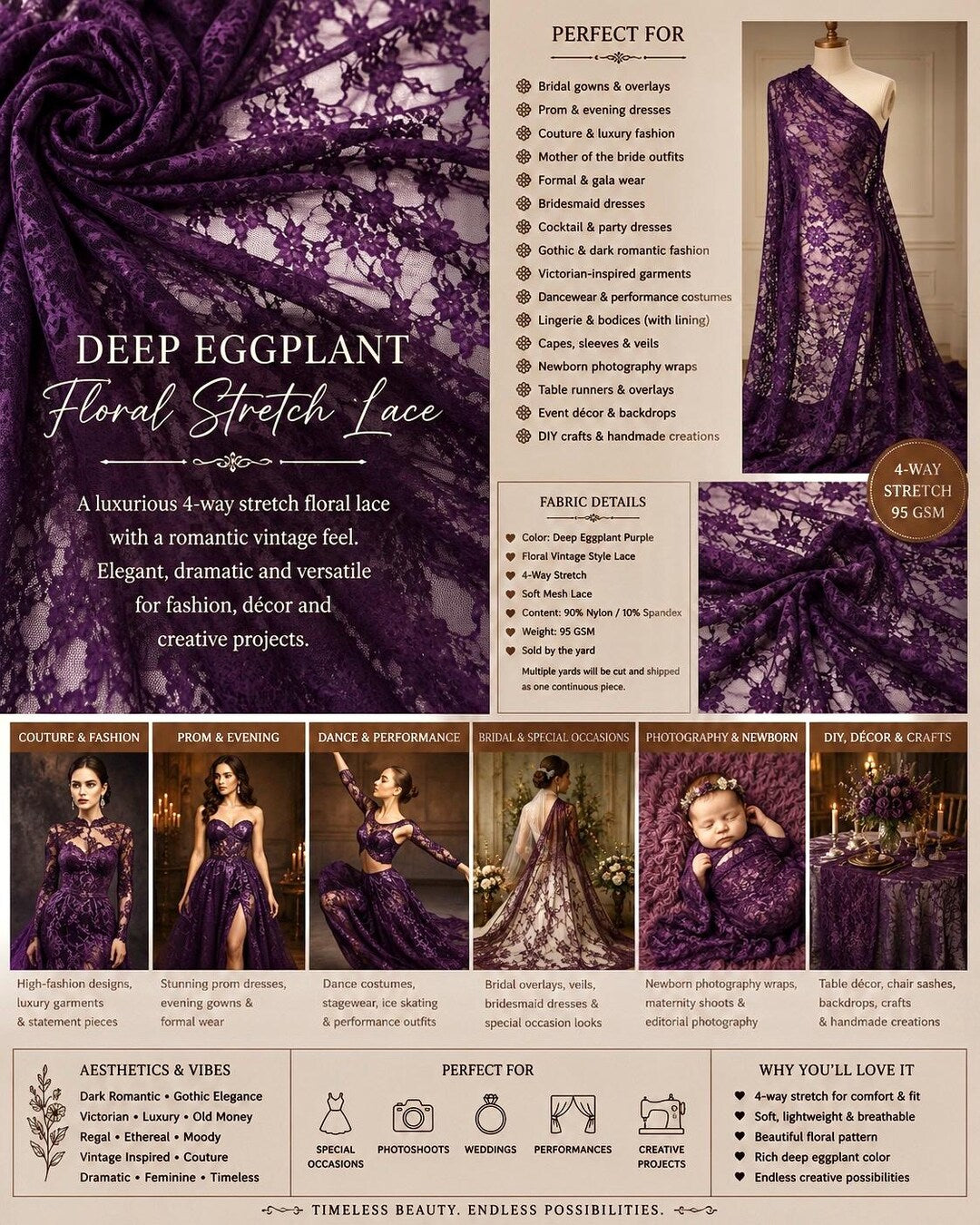 Deep eggplant floral stretch lace fabric use guide for bridal prom and gothic couture