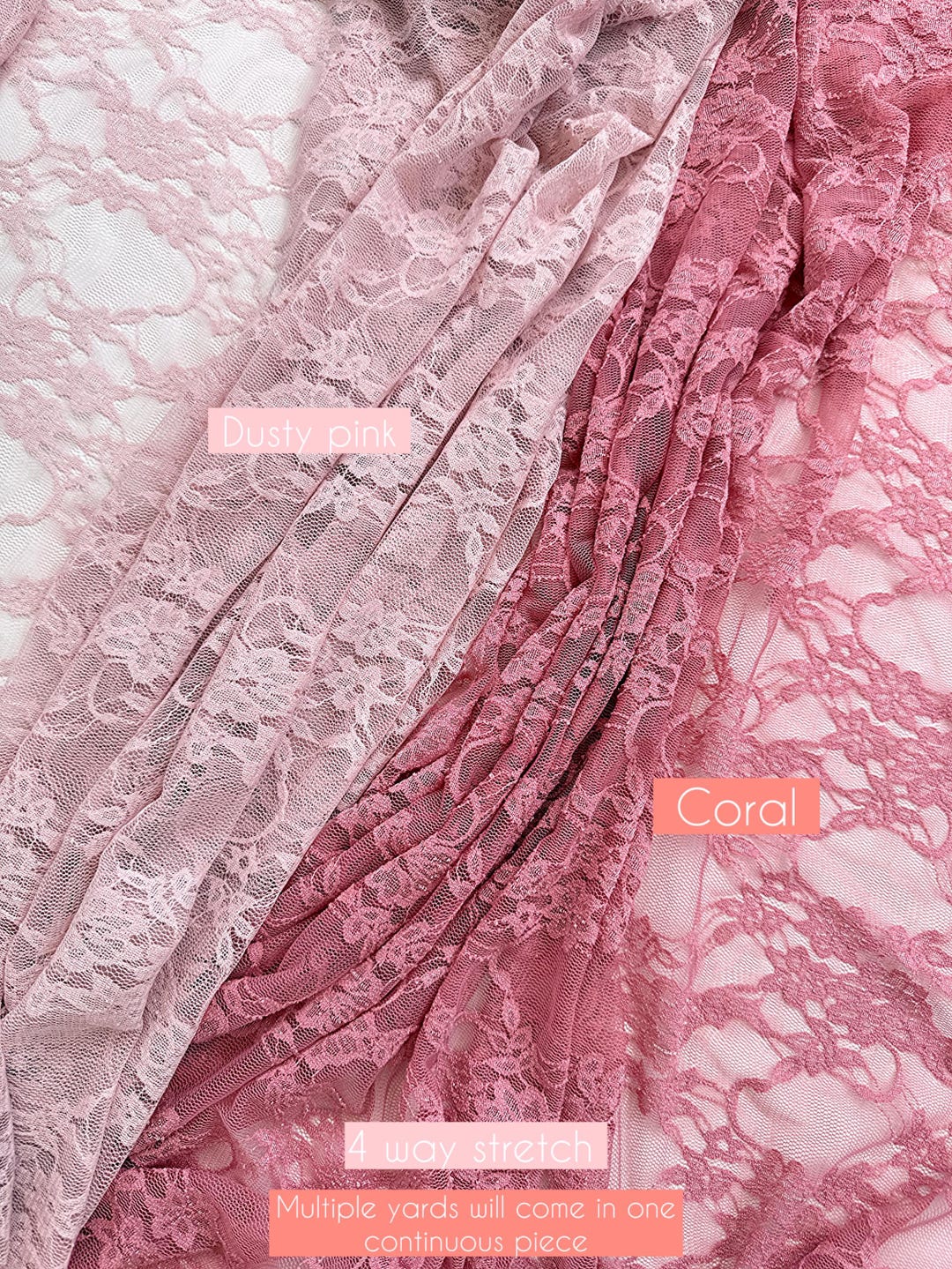 Dusty pink and coral floral stretch lace fabric swatches 4-way stretch